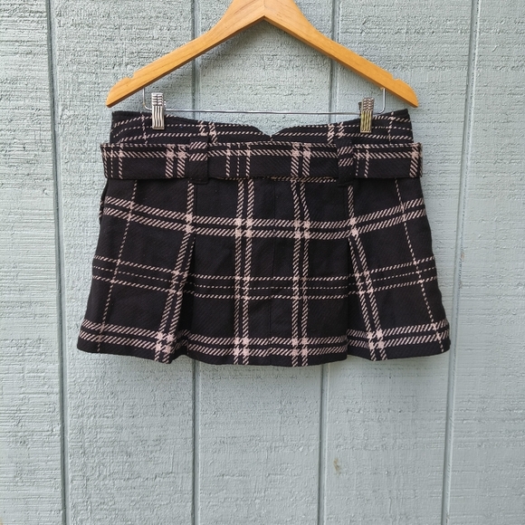 y2k American Eagle Plaid Wool Pleated Belted Mini Skirt sz 10 Black White - Picture 5 of 7